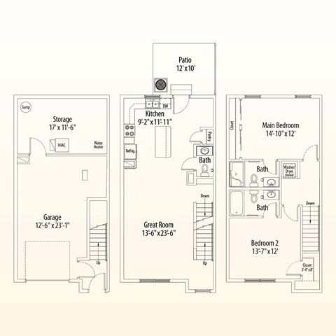 Floor plan for 2 beds, 2.5 baths, 1152 sqft